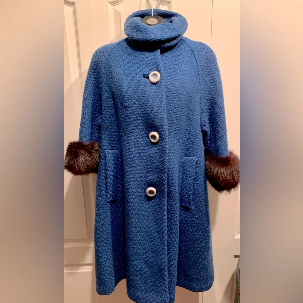 Penny Lane Blue Textured Lined (Fox?) Fur Trim Union Made Swing Coat - Picture 1 of 14